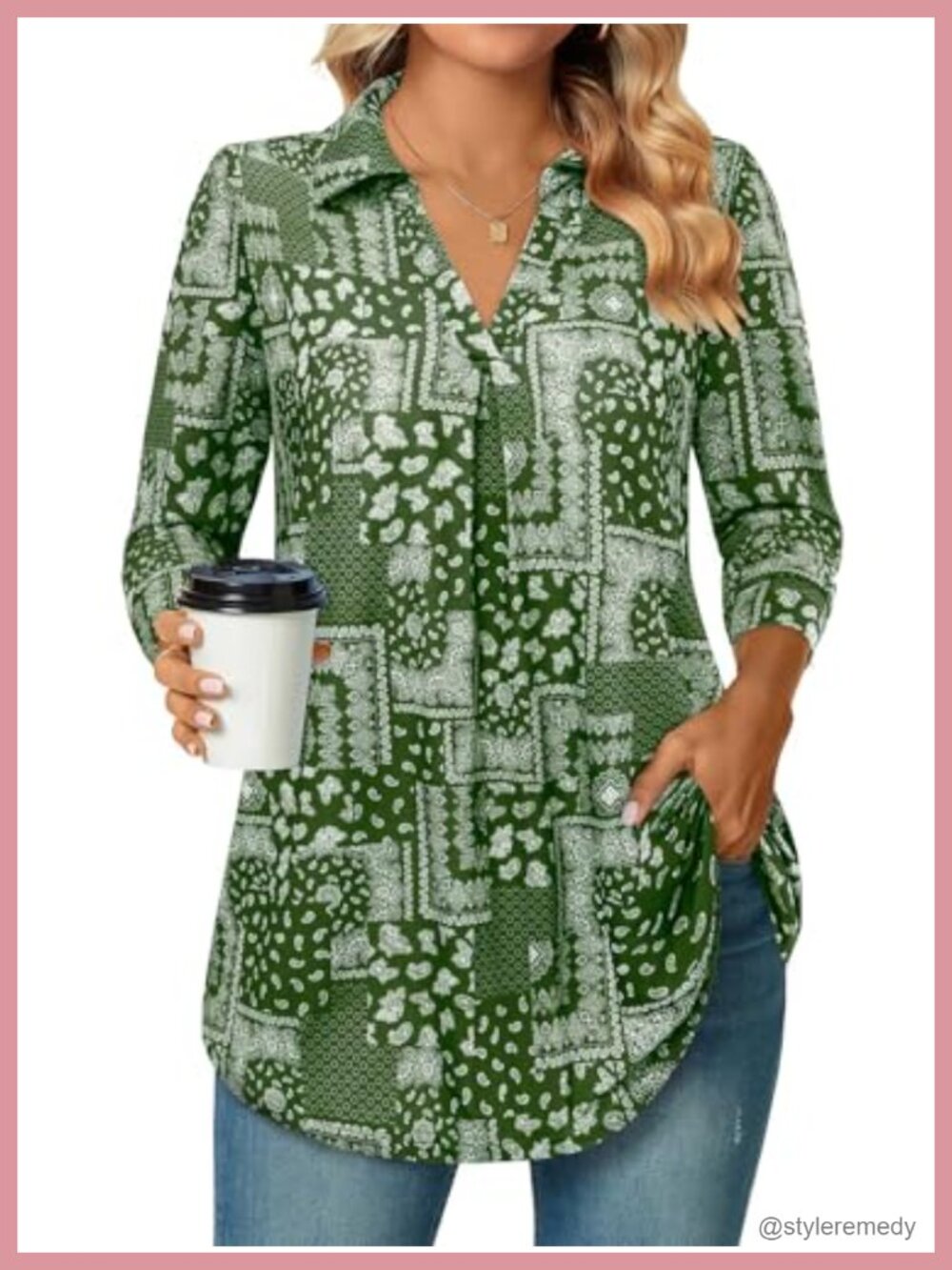 Bulotus Womens 3/4 Sleeve V Neck Collared Tunic Top Dressy Casual Work Blouse